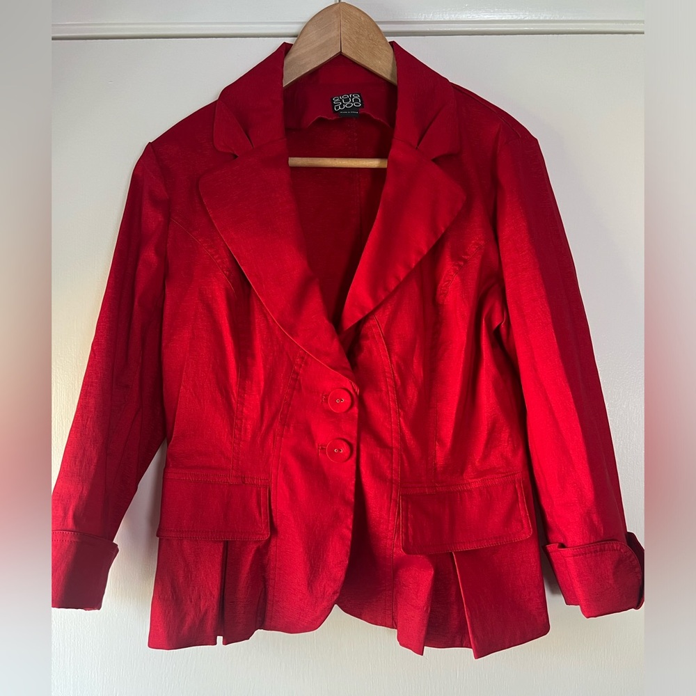 Clara Sunwoo Gathered Collar Bow Detail Bright Red Satin Finish Peplum Blazer S
